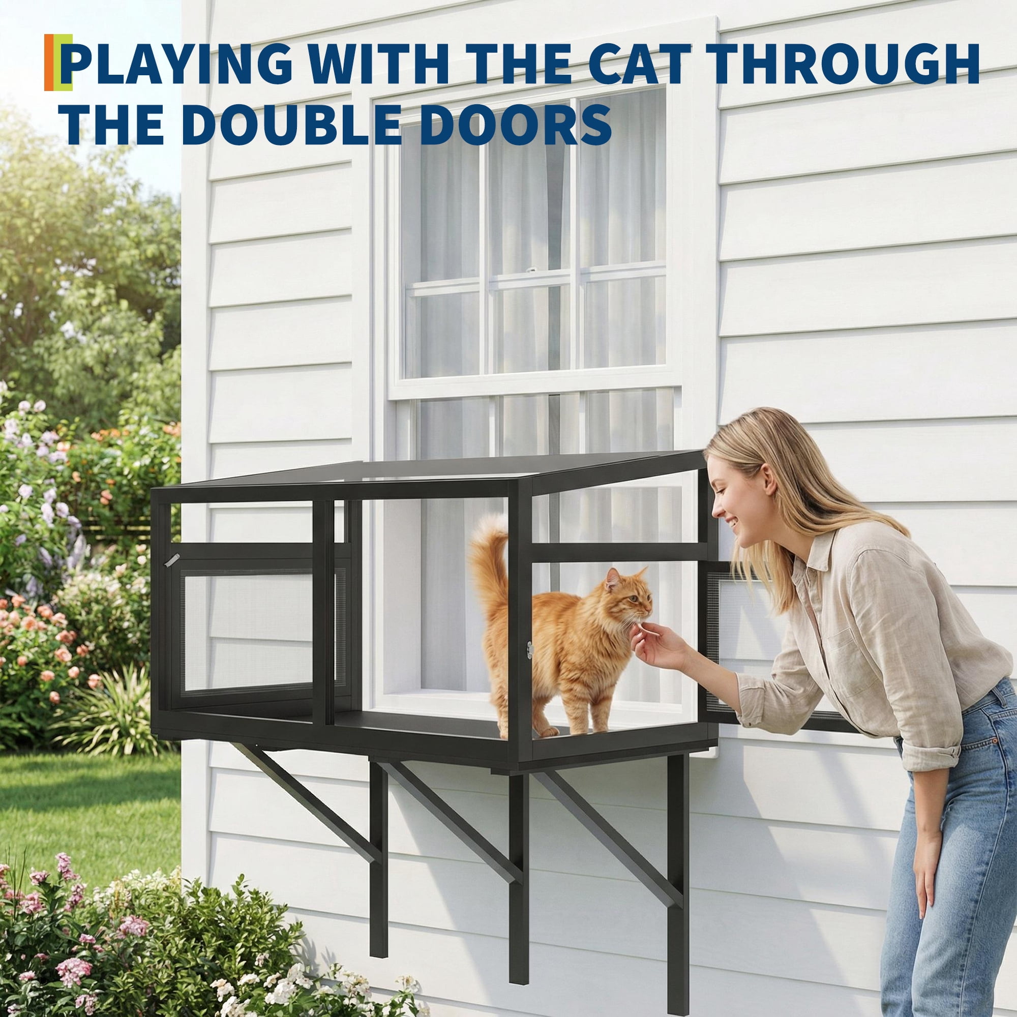 Weatherproof Cat Window Box Enclosure for Indoor Cats, Clear View Outdoor Cat House, Sturdy Wooden Window Perch for Sunbathing & Birdwatching, Fits 24"-38" Windows, Black
