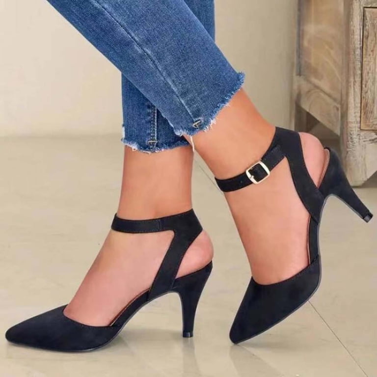 hopeusnice Women's Ankle Strap High Heels Pointed Toe Buckle Dress Shoes  Suede Elegant Party Wedding Comfortable Footwear Black 36 - Walmart.com