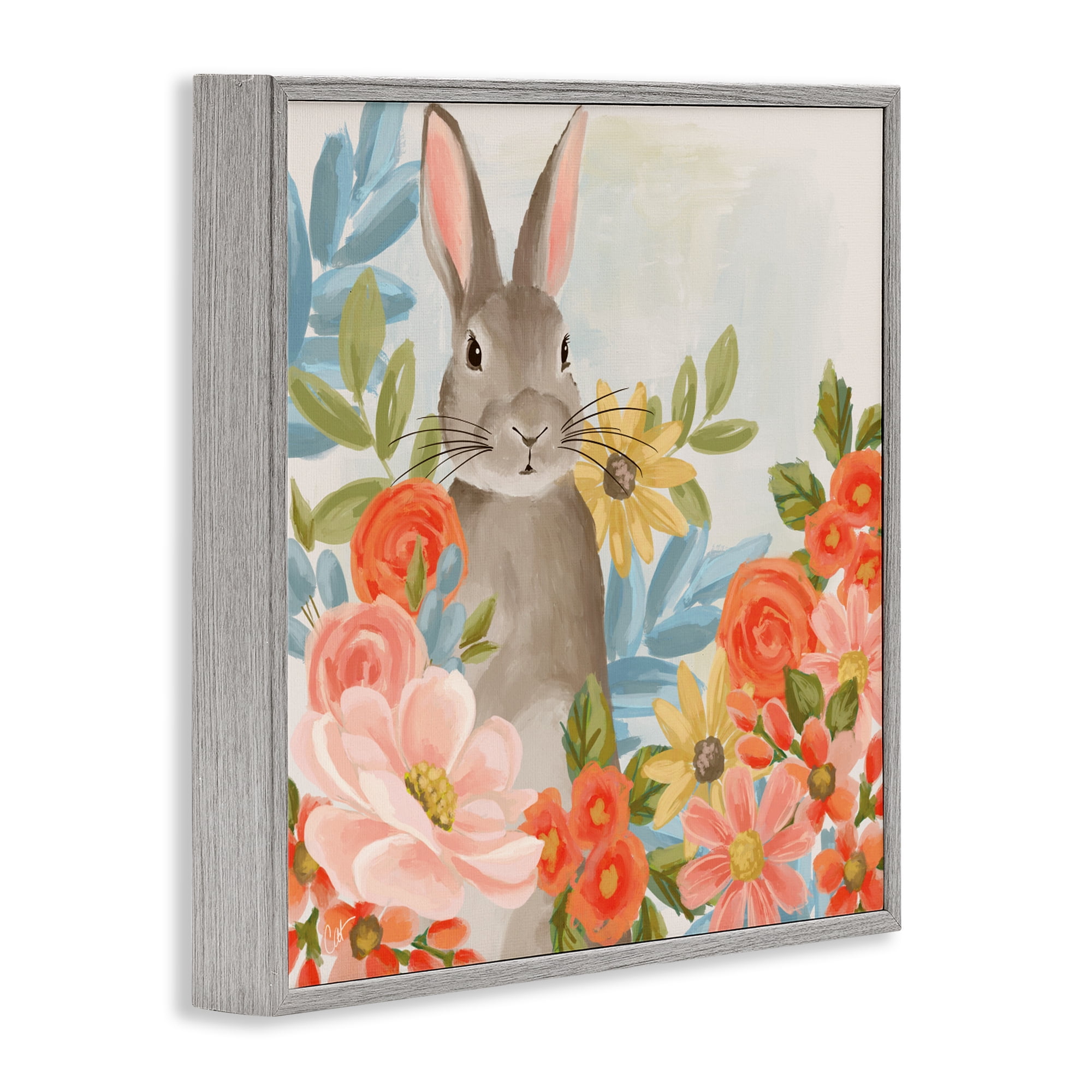 Stupell Industries Bunny Among The Blooms Gray Framed Giclee Art, design by Cat Thurman Designs