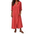 thumbnail image 2 of qafoshin Fall Dresses for Women V Neck Button Down Loose Dress Solid Color Casual Long Dress, 2 of 6