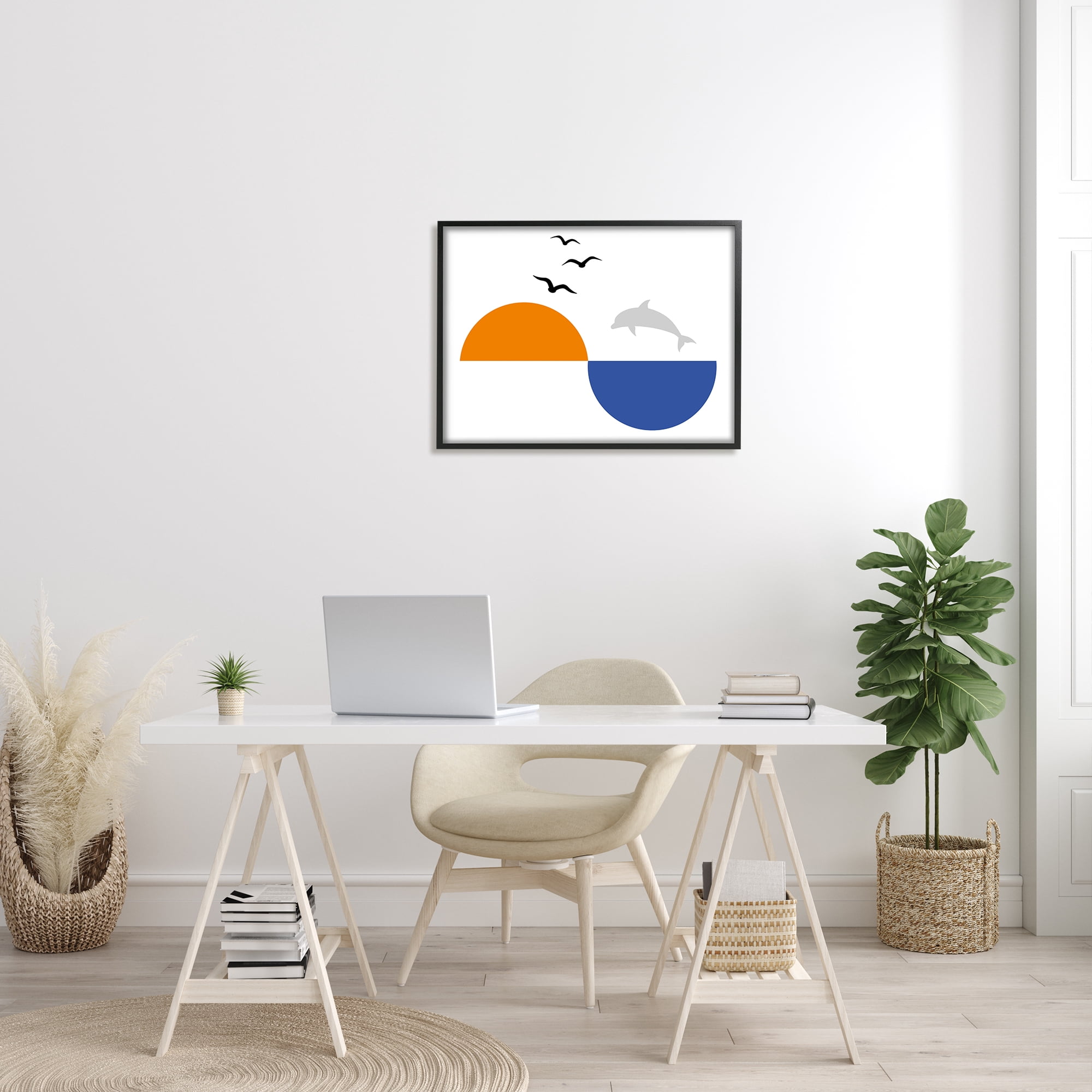 Stupell Industries Sunset Balance Asymmetrical Ocean Horizon Dolphin Jump Abstract Painting Black Framed Art Print Wall Art, 24 x 30