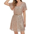 thumbnail image 3 of Jdlsppl Women's V Neck Skater Dress 50s Disco Sequin Flutter Short Sleeve Metallic Glitter Short Cocktail Party Modest Hoco Homecoming Dress Golden Large, 3 of 5