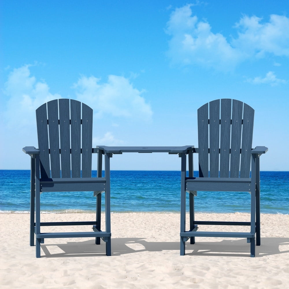 WINSOON Tall Adirondack Chair Set of 2 with Connecting Tray,Outdoor Bar Stools-Navy