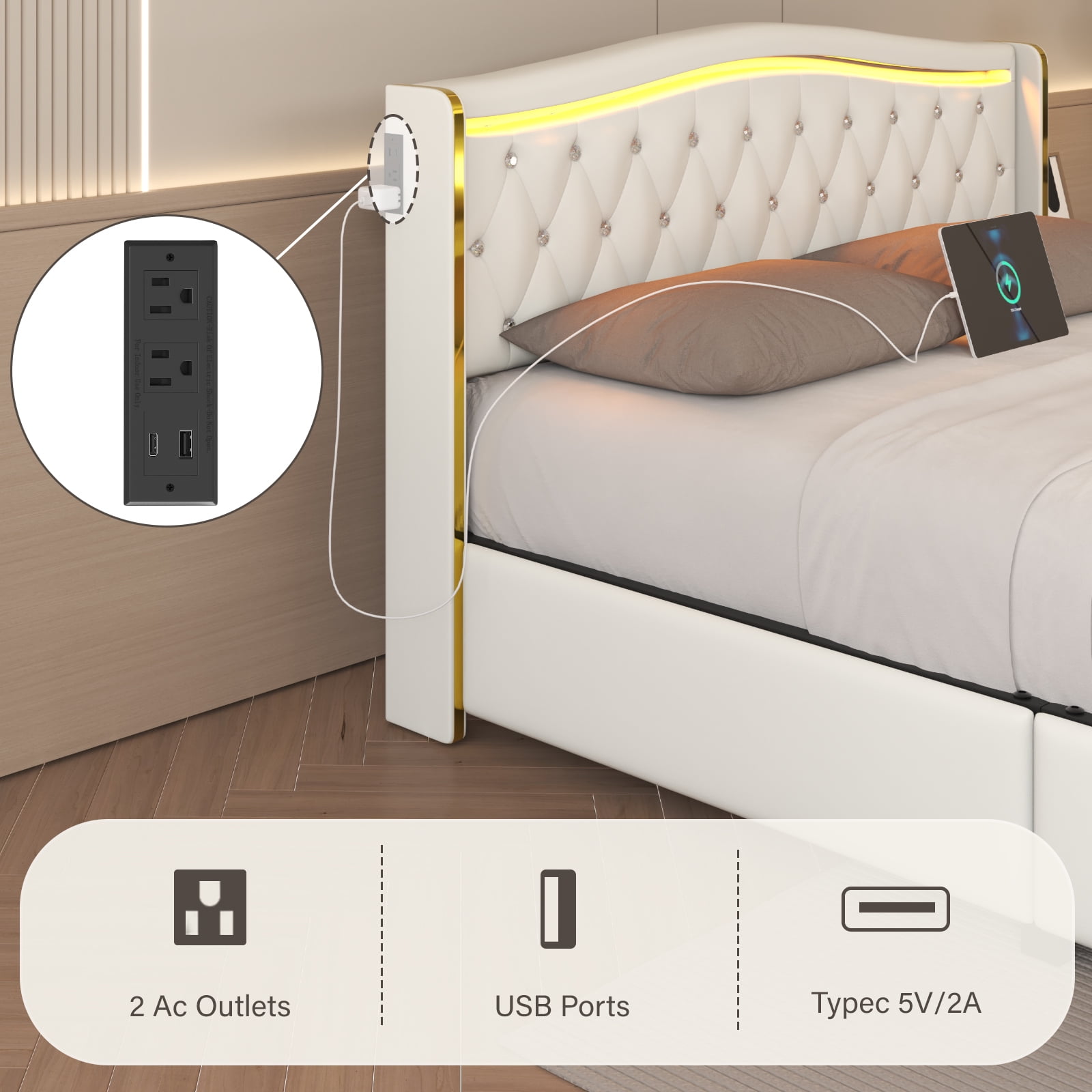 E-Motie Full Bed Frame with LED Lights & Charging Station, PU Leather Wingback Upholstered Platform Bed with 4 Storage Drawers, White