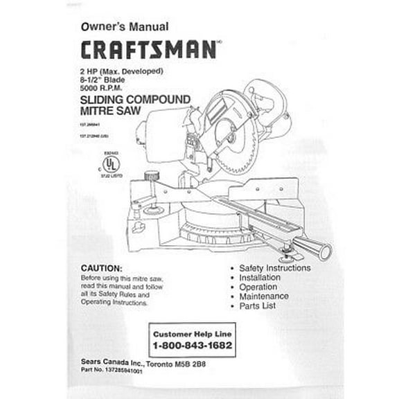 Instruction Manual ONLY for Craftsman 137.212940 137.285941 Miter Saw Instruction Manual REPRINT