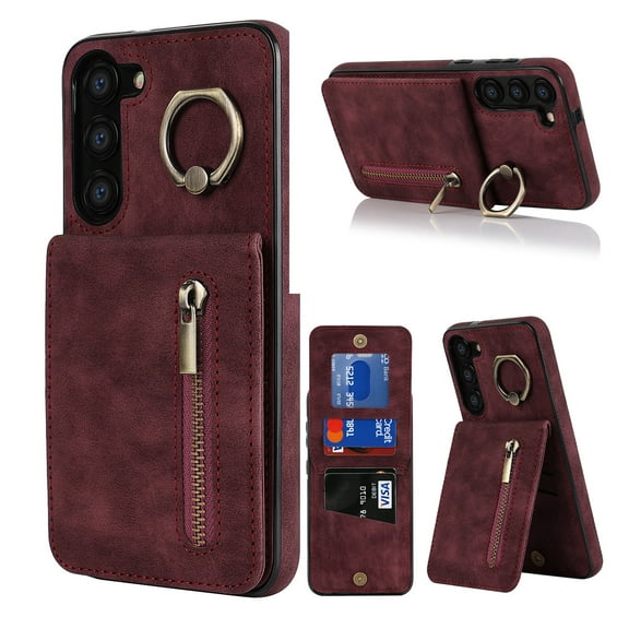 Nalacover for Samsung S20, Wallet with RFID Credit Card Holder and Zipper Pocket,Drop Protection Flip Cover Ring Holder Kickstand with Double Magnetic Clasp for Samsung Galaxy S20, Winered
