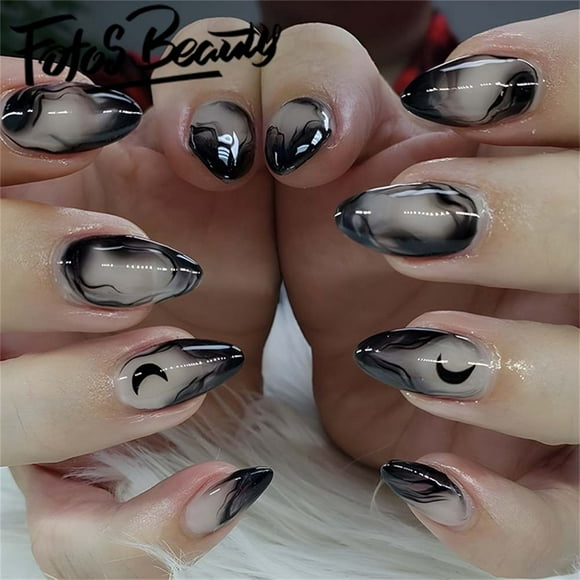 Fofosbeauty 24 pcs Nails, Press-on Acrylic False Nails Full Cover Extension Long Lasting for Girls Womens,Almond Ink Chinese Style Crescent Moon Nail Patch