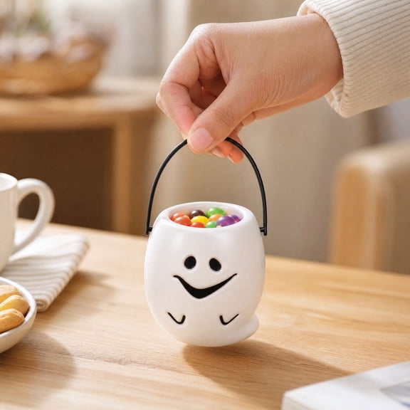 Arghm Mini Halloween Ghost Candy Bucket with Handle – Cute Plastic Treat Pail for Home Party Decoration, Festive Table Decor & Photo Prop for Adults and Halloween Fans
