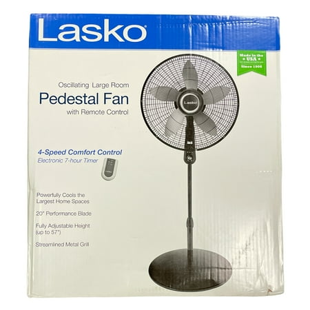 

Lasko 20 Oscillating Pedestal Fan 4 Speed Remote Control 57 Tall (Black)