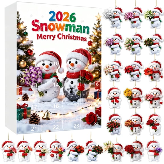 2026 Christmas Snowman Advent Calendar, 24 Day Countdown with 24 Flower Ornaments, Divided Compartments for Tree Decor and Gifts