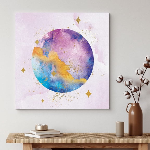 PixonSign Canvas Print Wall Art Purple & Blue Planet in Galaxy Astronomy & Space Brushstroke Illustrations Modern Art Chic Scenic Colorful Multicolor Pastel for Living Room, Bedroom, Office - 24"x24"