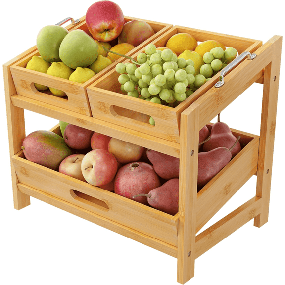 Fruit Basket, Fruit Tray, 2 Tier Bamboo Fruits Basket Stand for Kitchen Countertop – Fruits Holder – Suitable for Bread, Vegetables, Produce, Home Storage and Display