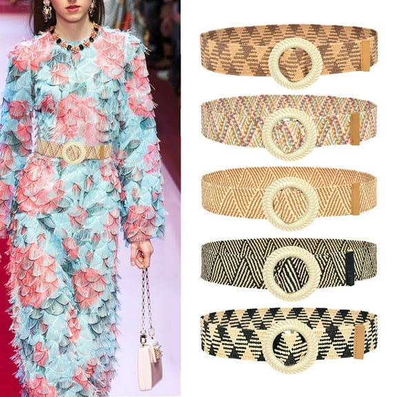 Womens Striped Printed Woven Elastic Summer Belt Skinny With Wood Buckle