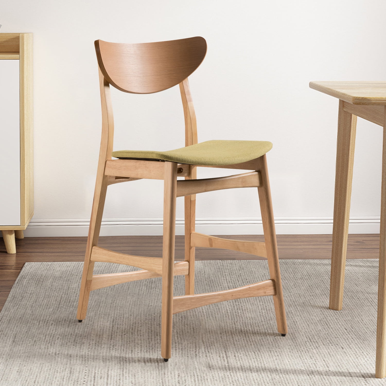 Kadyn Mid-Century Modern Counter Stool, Fabric Upholstered Barstool with Backs and Wood Legs, Leisure Padded Chair for Coffee House, Brown