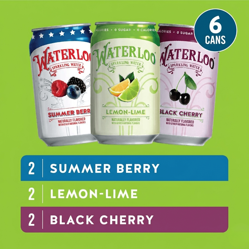 Waterloo Sparkling Water Variety Pack, Black Cherry, Lemon-Lime, Summer Berry 12 fl oz Cans, (6 Pack)