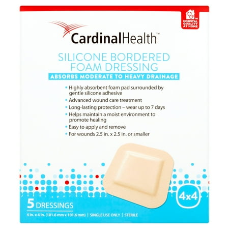 Cardinal Health Bfm44Rr Silicone Bordered Foam Bandage 4-Inch X 4-Inch (5), 5 Count