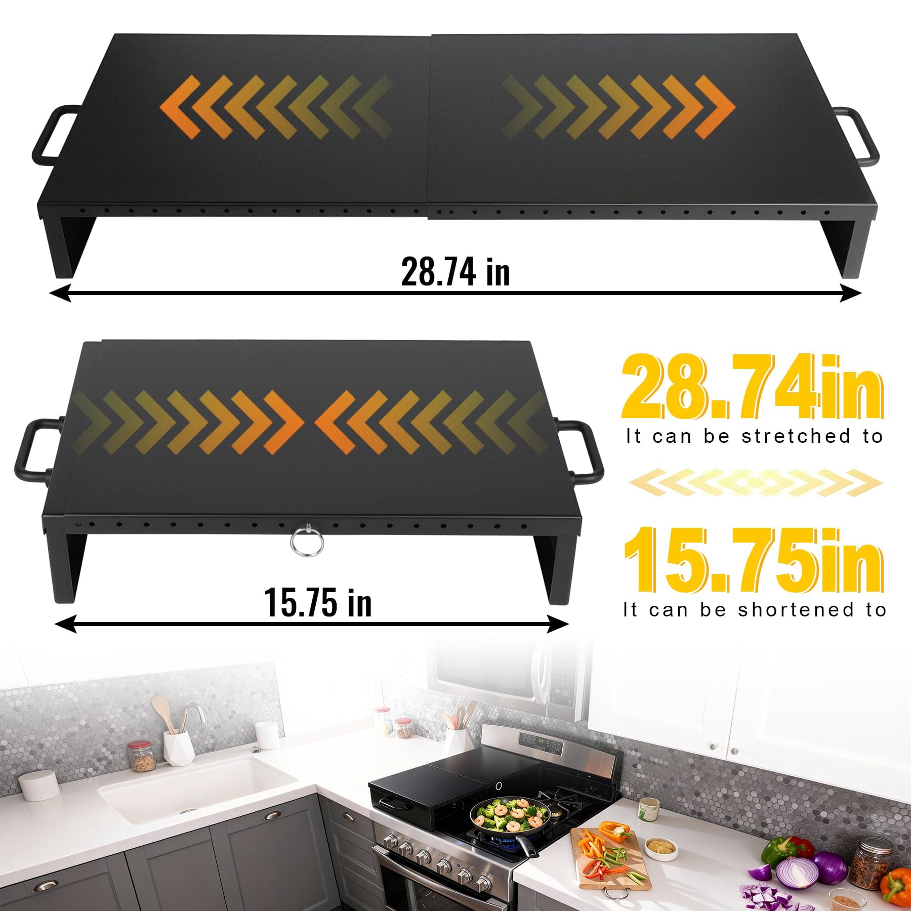 Stove Top Covers for Gas Burners & Electric Stove, Stainless Steel Gas Stove Cover, Square Gas Stove Burner Covers, Adjustable Kitchen Sink Cover, Black