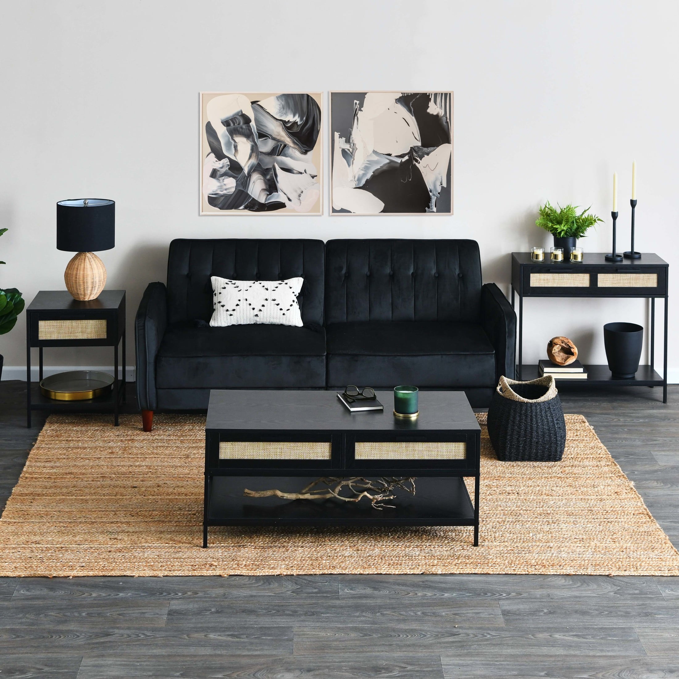 Household Essentials Bungalow Rectangular Coffee Table with Storage Shelf and 2 Drawers Black Oak Wood Grain Woven Front and Black Metal