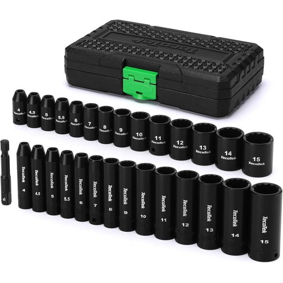 TecoTek 29 Pieces 1/4-Inch Drive Shallow and Deep 12-Point Impact Socket Set, CR-V, 4-15mm Metric, 1/4"-1/4" Drill Adapter