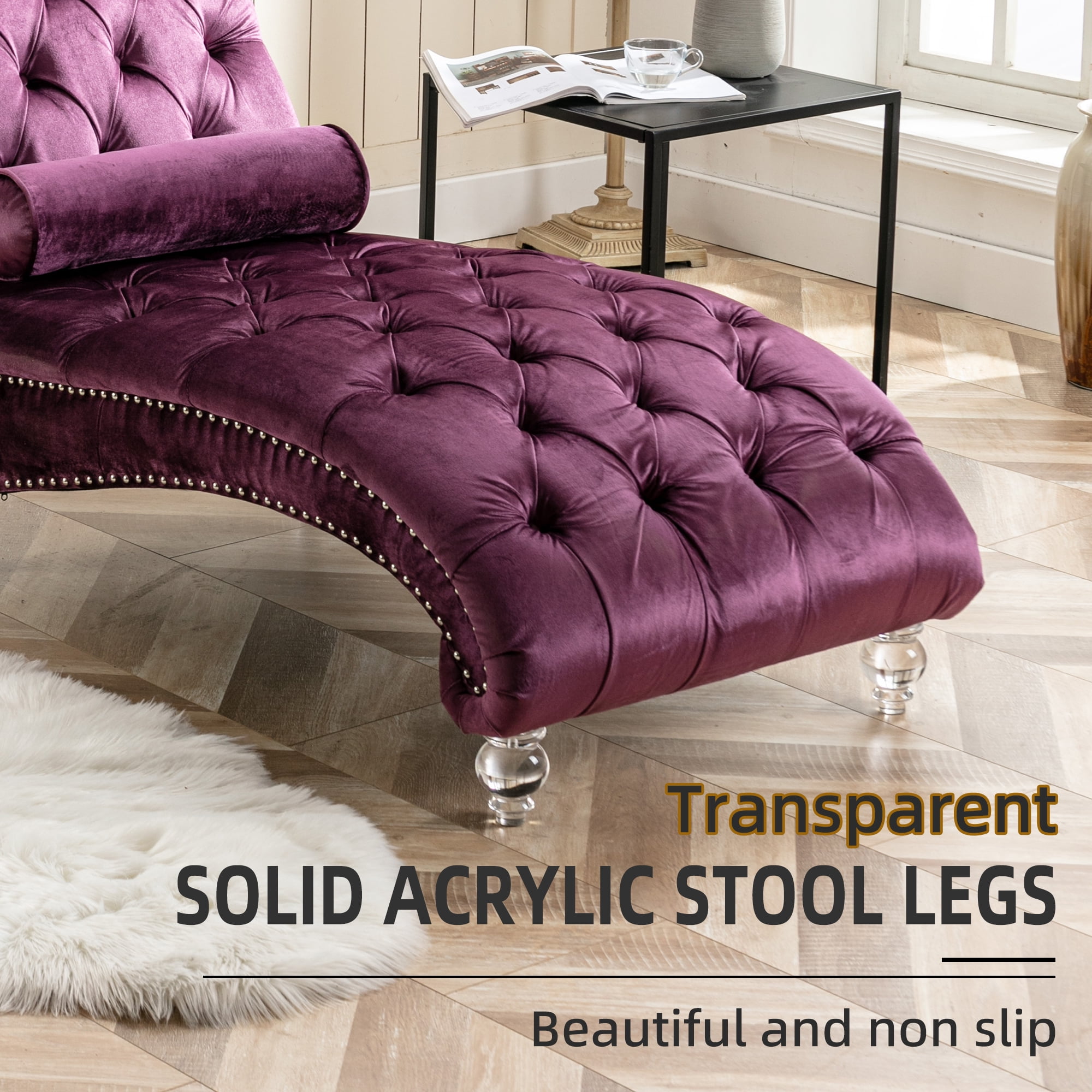 MOONMISS Velvet Chaise Lounge Chair Button Tufted Upholstered with Pillow Indoor