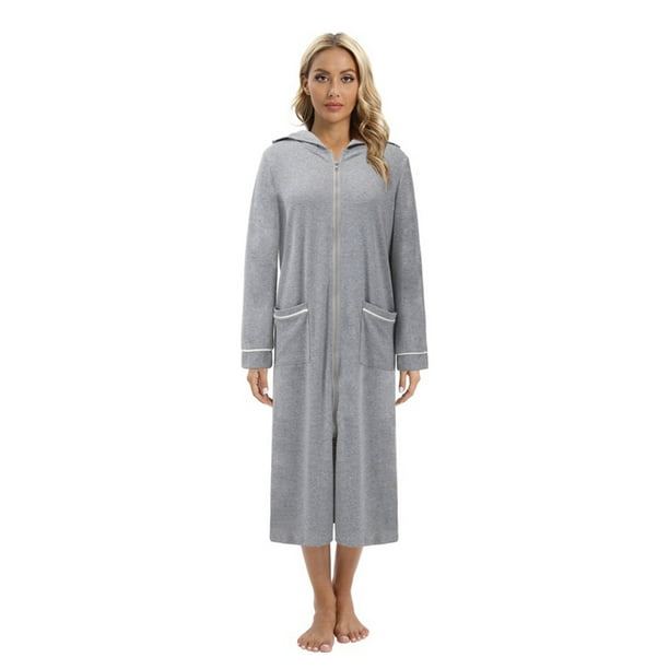 Women Robes Zipper Front Long Sleeve Full Length Housecoat with Pockets ...