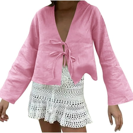 JGGSPWM Women s Tie Front Top  Bow Linen Shirt for Summer  White Y2K Long Sleeve Blouse  Lace Up Ruffle Babydoll Tunic  Cute Going Out Top Pink#/001 L
