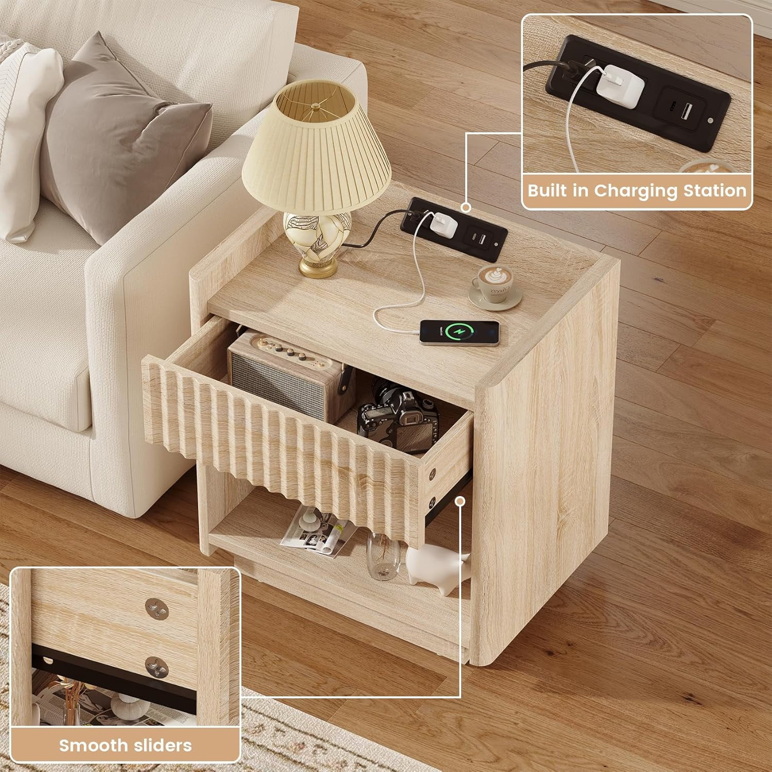 Winkalon Fluted Nightstands for Bedroom Set of 2, Farmhouse Bedside Tables with Drawer & Open Shelf, Wood End Table for Living Room,Oak