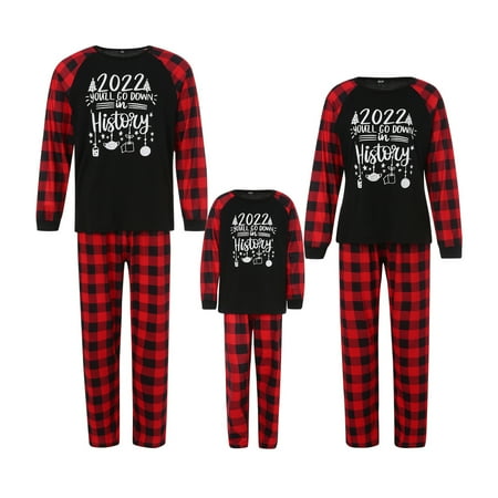 

FOCUSNORM Christmas Family Pajamas Set Letter Print Long Sleeve Round Collar Tops+Plaid Print Trousers