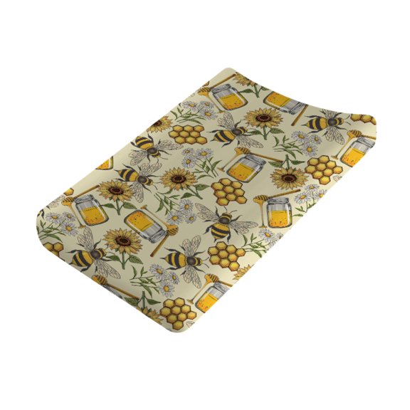 Baby Honey Bees Sunflowers Changing Pad Cover Bumblebee Honeycomb Daisy Floral Diaper Changing Table Sheets for Boy Girl Breathable Stretchy Nursery Changing Table Mats 16''x32''