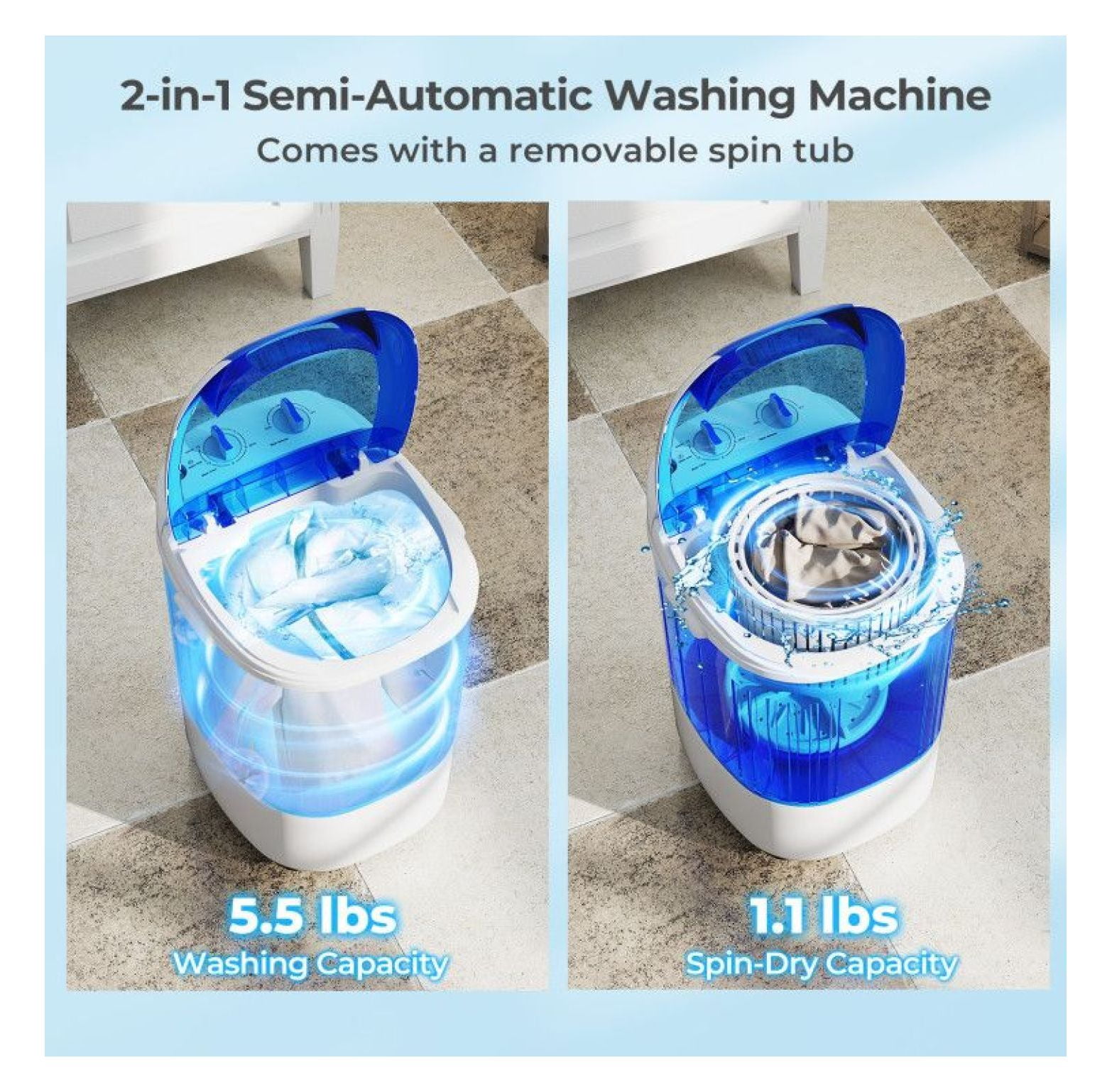 Mini Washing Machine Portable Semi-Automatic Washer with Spin Dryer - 2.5kg Capacity - Compact Laundry Machine for Apartments, Dorms, RVs - Blue/Gray