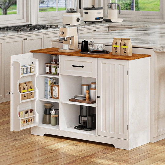 Coffee Bar, Aiho 45" Kitchen Storage Cabinet, Sideboard Buffet Cabinet with 14 Shelves, 1 Drawer - Retro Desktop