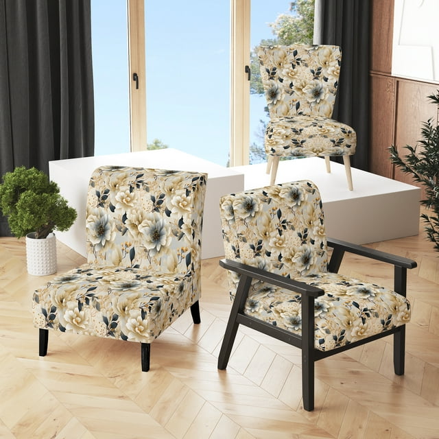 Designart « Neutral Dreamscape » Fauteuil d'Appoint Rembourré Beige à Motif Floral - Fauteuil de Style Campagnard pour Salon