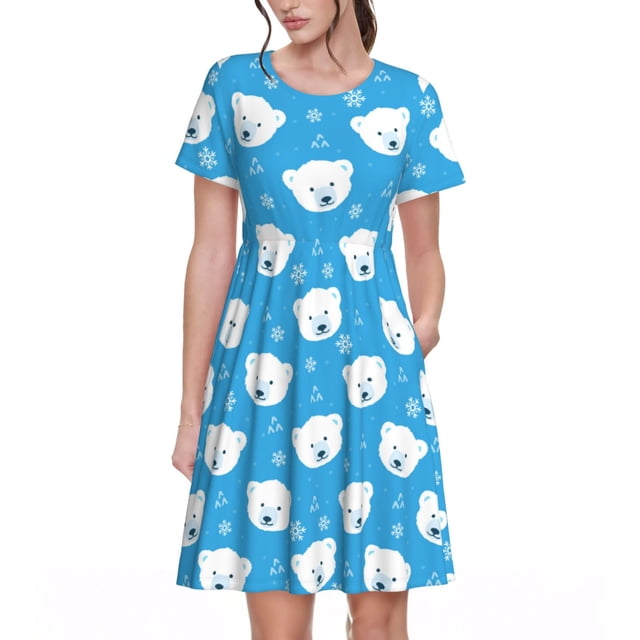 Easygdp Cute Polar Bear para Vestido Transpirable de Mujer, Vestido Suelto de Manga Corta con Pliegues y Bolsillos para el Verano