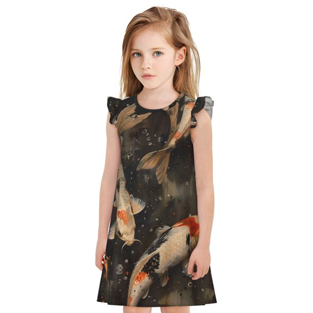 Fotbe Koi Fish Tranquility Vestido de Dormir para Niñas de 3 a 10 Años, Mangas Cortas, Estilo Princesa, Pijama Camisón con Mangas Voladas-Large