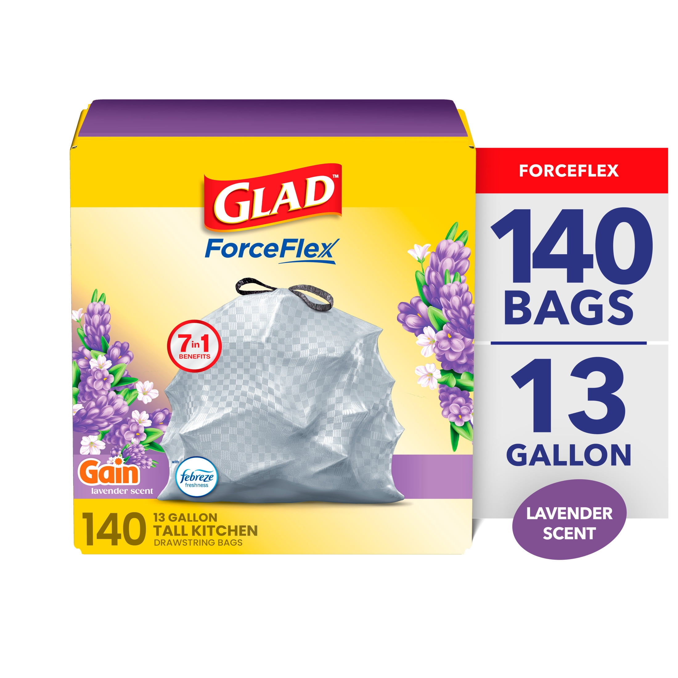(2 pack) Glad ForceFlex 13-Gallon Drawstring Tall Kitchen Trash Bags, Gain Lavender Scent, 140 Bags