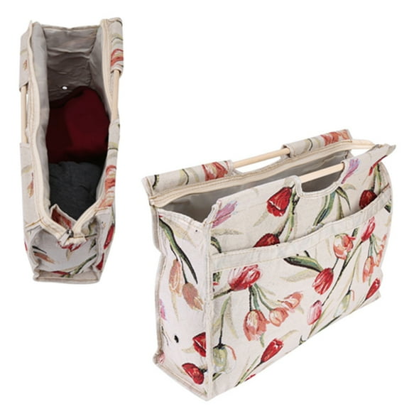 Exquisite Wood Handle Fabric Storage Bag for Knitting Needles Sewing Tools (Red Flower)