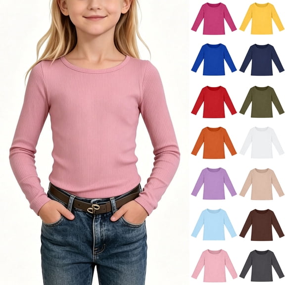 hengsof Girls Long Sleeve Shirts Crewneck Ruched Side Slim Fit Tops Ribbed Knit Casual Tee Shirt 5-13 Years