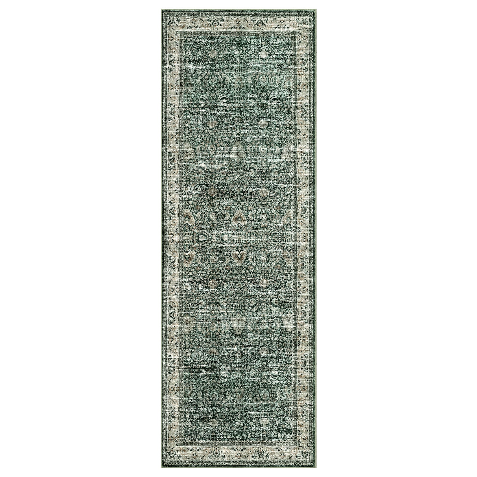 Washable Runner Rugs, Green 2'X6' Antique Distressed Long Rug, Modern Non Slip Stain Resistant Vintage Print Accent Carpet Floor Mat for Living Room Bedroom Dining Office Farmhouse Hallway Entryway