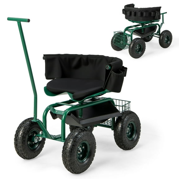 Topbuy Rolling Garden Cart Work Seat Height Adjustable Swivel Stool Cart with Removable Cushion & 2 Steering Handles Green