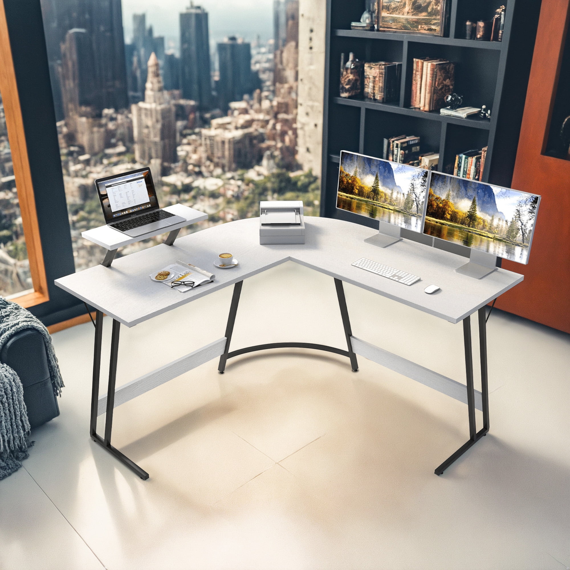 Vineego L-Shaped Computer Desk Modern Corner Desk with Small Table,White