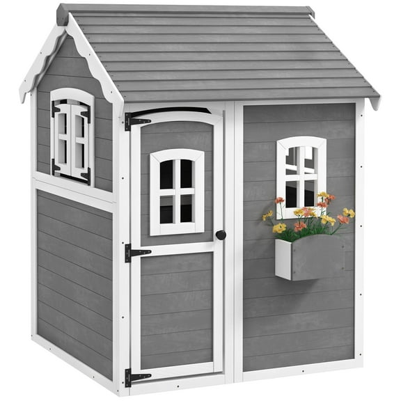 Beyamis Outdoor Wooden Playhouse for Kids Spring, with Floor, Door, Windows and Planter Box for 3-8 Years Old, Backyard, Lawn, Garden