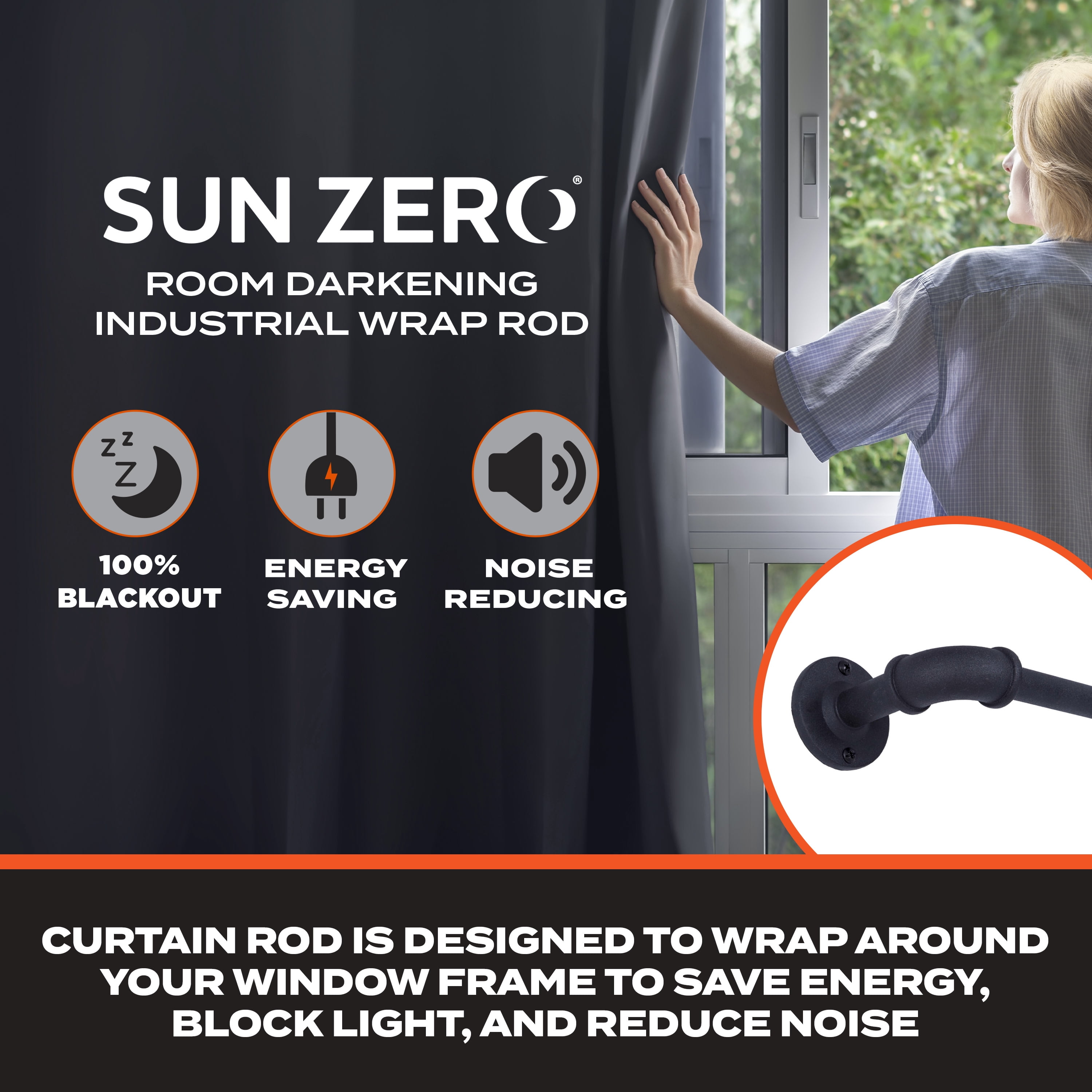Sun Zero Bronn 3/4" Light Blocking Wrap Around Window Curtain Rod, 66-120", Matte Black