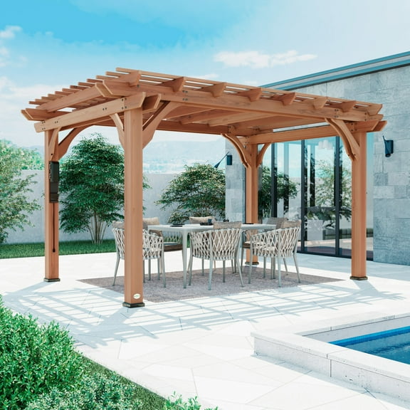 Backyard Discovery Beaumont 14'x10' Cedar Wood Patio Pergola Kit, Trellis Roof, PowerPort