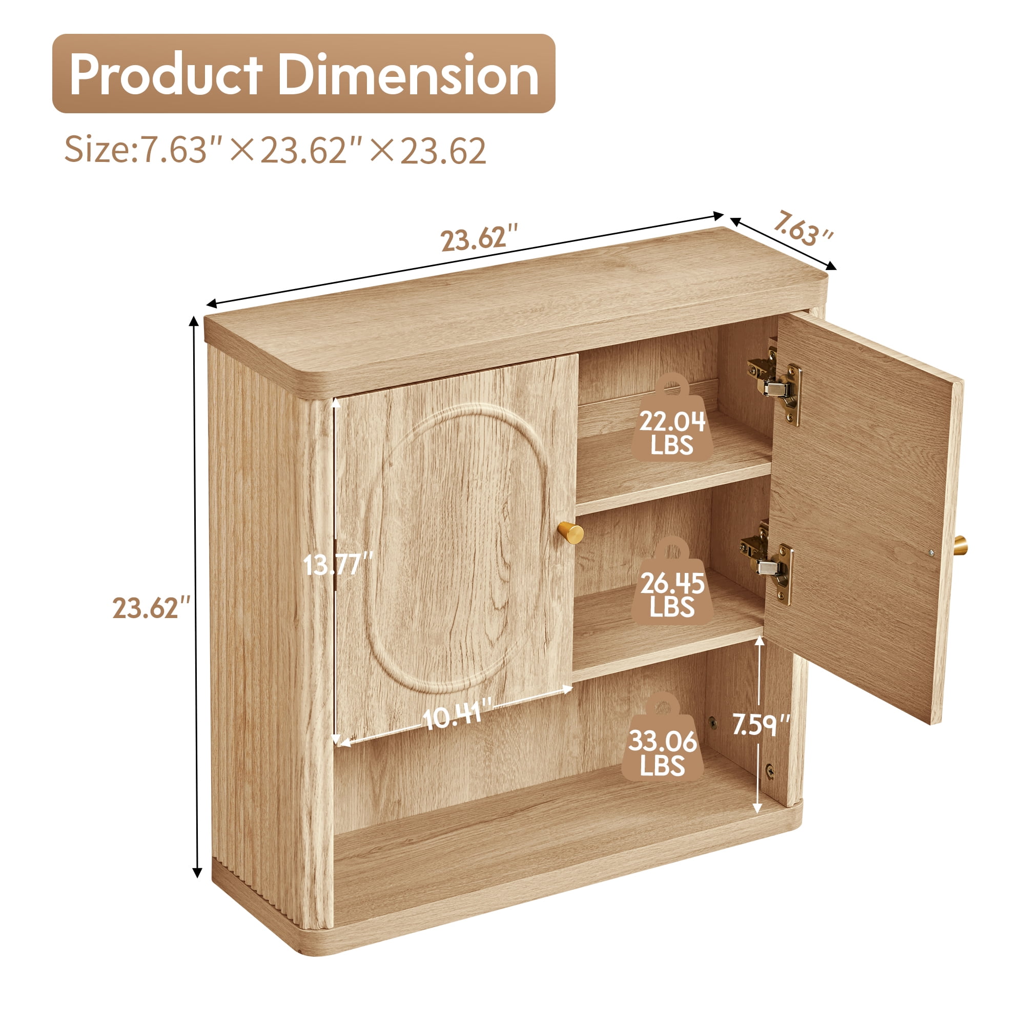 Wirrytor Fluted Wall Mount Cabinet with Adjustable Shelves and Towel Rack, Space-Saving Bathroom Vanity Organizer and Kitchen Cupboard Storage Solution in Oak Finish