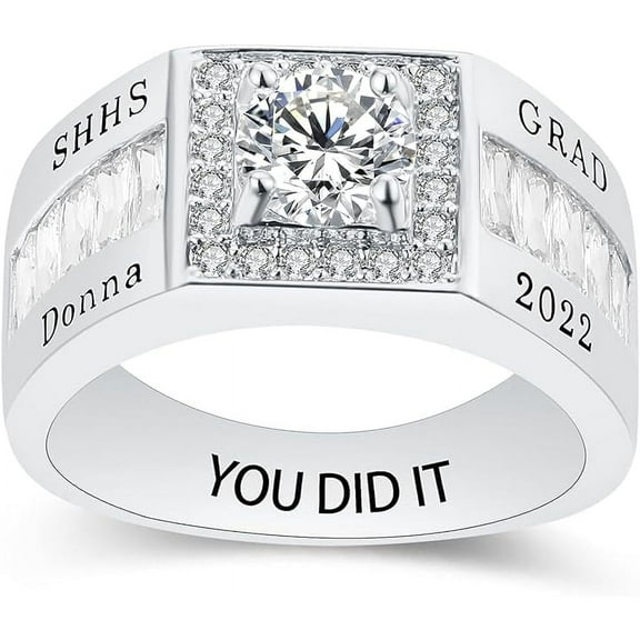 Ccjcinata Fully Personalized Customized class rings Sterling Silver Men's High School and College Class Ring – Classic Collection (Sterling Silver - Platinium)