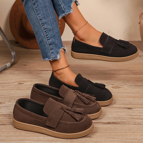 Women's Wide Width Tassel Loafers, Faux Suede Round Toe Slip-On Casual Dress Shoes for Summer, Black/Brown