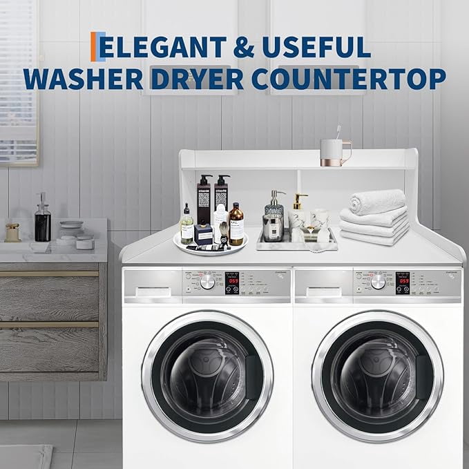 2 Tier Washer Dryer Countertop with Shelf, 54x27.5 Inch Waterproof Wood Laundry Room Topper, Large Washer and Dryer Topper with Storage for Laundry Organization, White