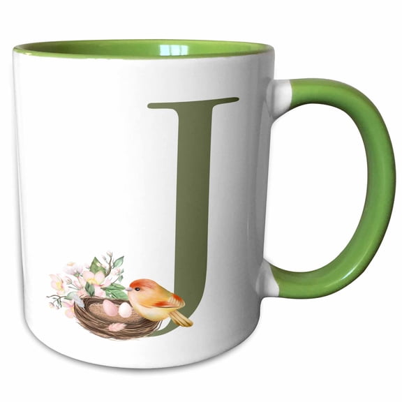 3drose, Green Monogram Initial J Pretty Floral and Bird, 11oz Two-tone Green Mug