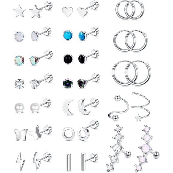 SURJDE 19Pairs Surgical Steel Flat Back Stud Earrings For Women Men Hypoallergenic Cartilage Earrings Stud Hoops Small CZ Heart Star Moon Opal Butterfly Helix Tragus Daith Earrings Piercing Je