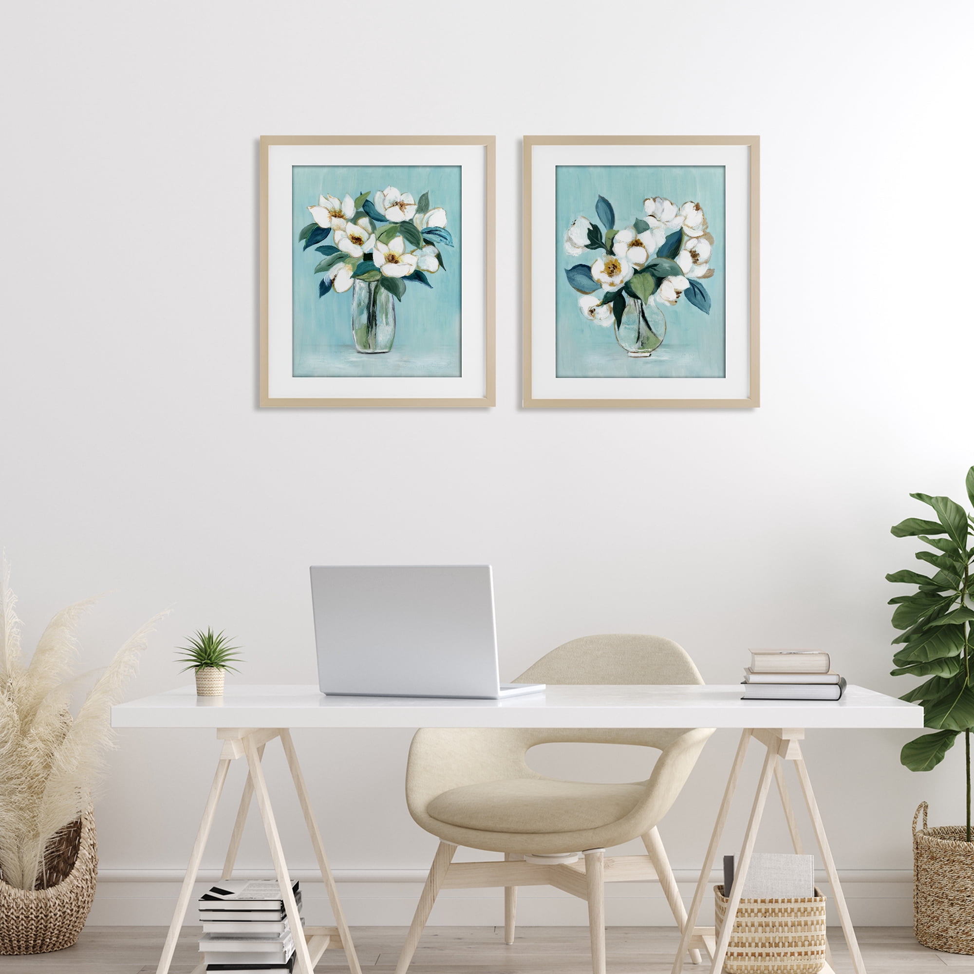 Stupell Industries Magnolia Blossom Vases 2 Piece Birch Framed Print Under Glass Set, design by Janet Tava